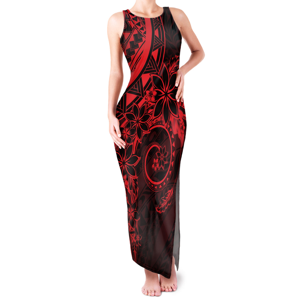 Polynesian Sunset Plumeria Family Matching Tank Maxi Dress and Hawaiian Shirt Red Polynesian Tattoo