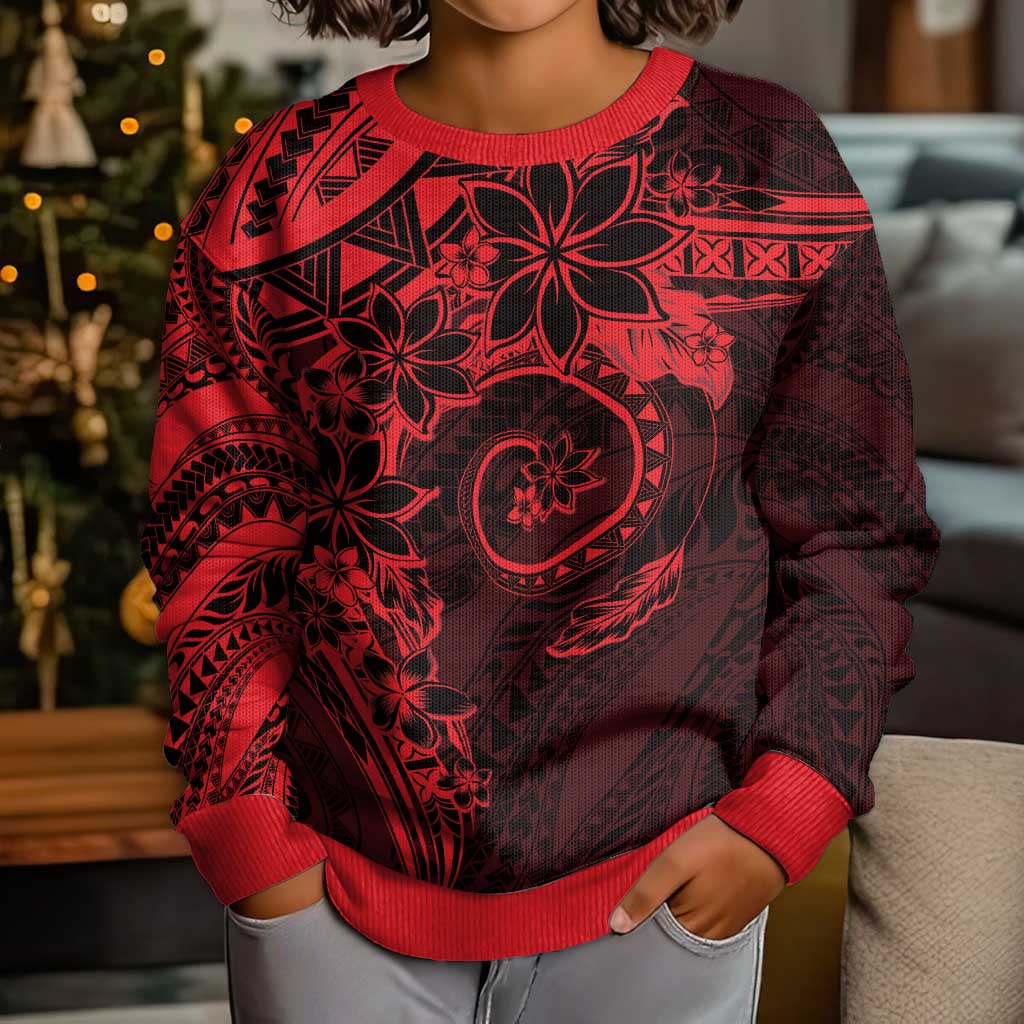 Polynesian Sunset Plumeria Kid Ugly Christmas Sweater Red Polynesian Tattoo