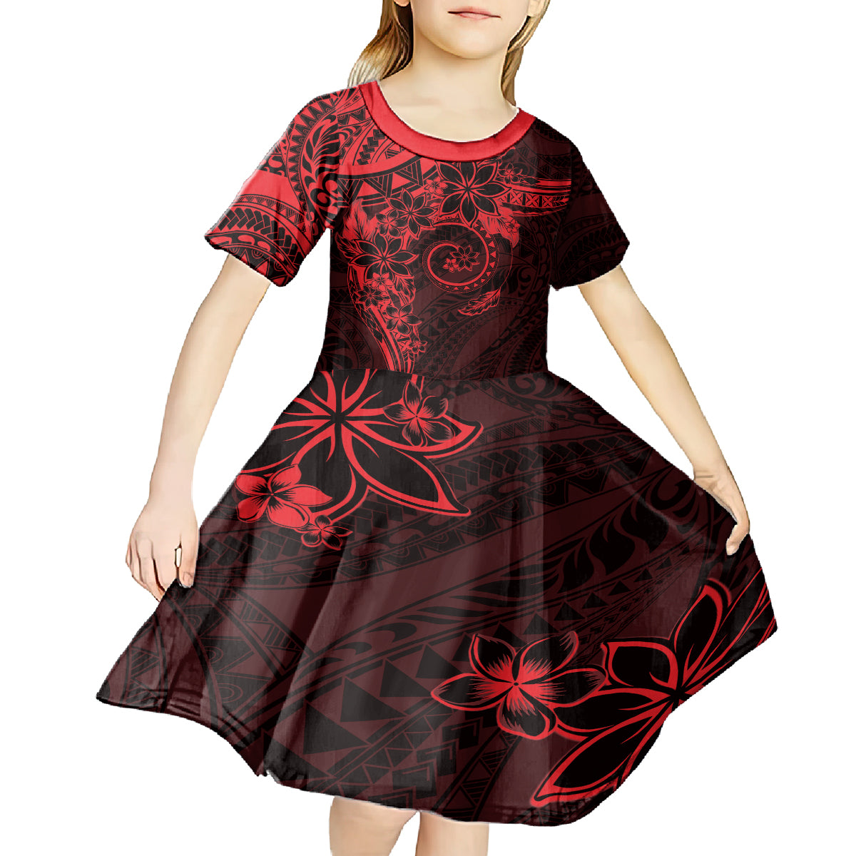 Polynesian Sunset Plumeria Kid Short Sleeve Dress Red Polynesian Tattoo