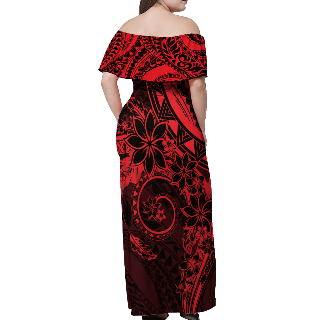 Polynesian Sunset Plumeria Off Shoulder Maxi Dress Red Polynesian Tattoo