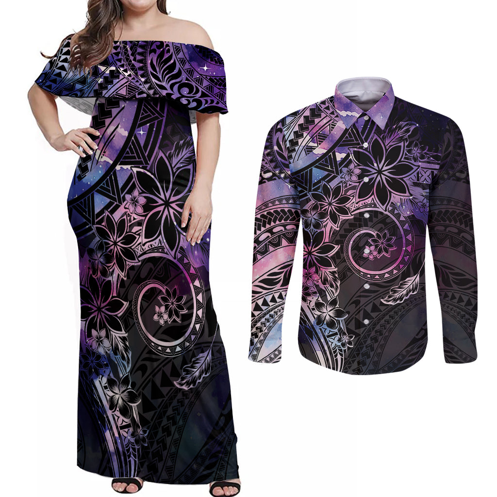 Polynesian Sunset Plumeria Couples Matching Off Shoulder Maxi Dress and Long Sleeve Button Shirt Galaxy Polynesian Tattoo