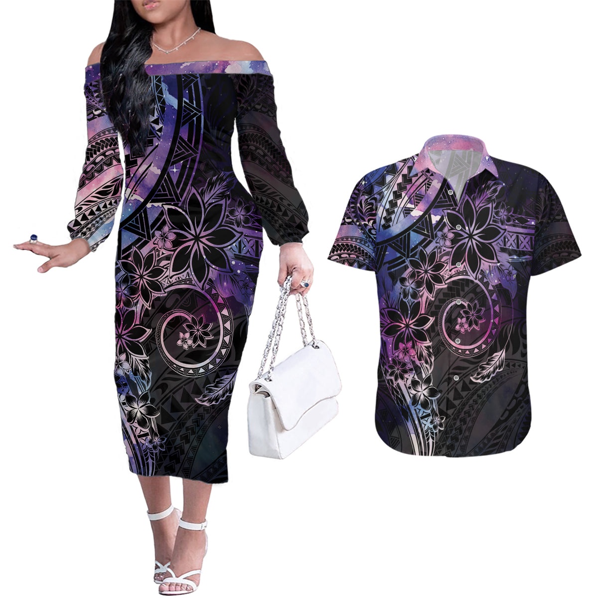 Polynesian Sunset Plumeria Couples Matching Off The Shoulder Long Sleeve Dress and Hawaiian Shirt Galaxy Polynesian Tattoo