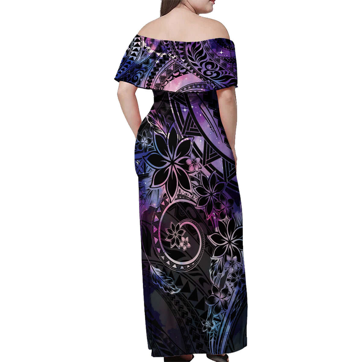 Polynesian Sunset Plumeria Family Matching Off Shoulder Maxi Dress and Hawaiian Shirt Galaxy Polynesian Tattoo