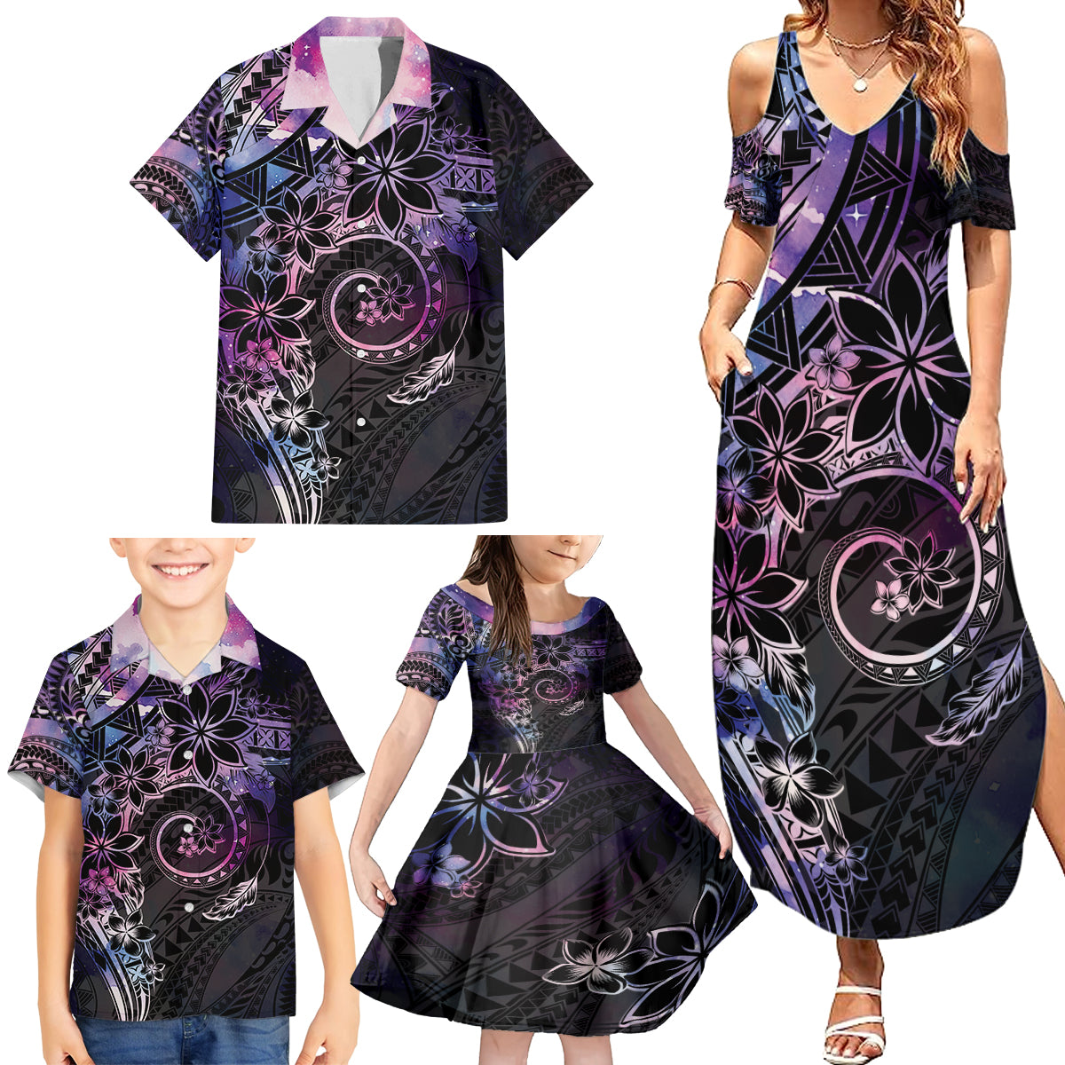 Polynesian Sunset Plumeria Family Matching Summer Maxi Dress and Hawaiian Shirt Galaxy Polynesian Tattoo LT05 - Polynesian Pride