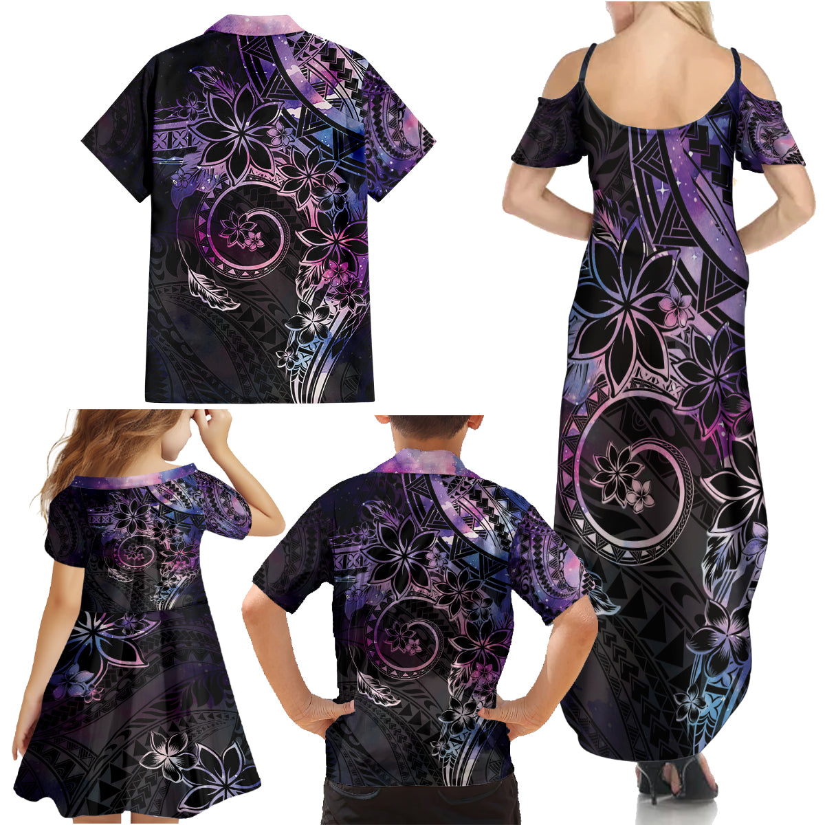 Polynesian Sunset Plumeria Family Matching Summer Maxi Dress and Hawaiian Shirt Galaxy Polynesian Tattoo LT05 - Polynesian Pride