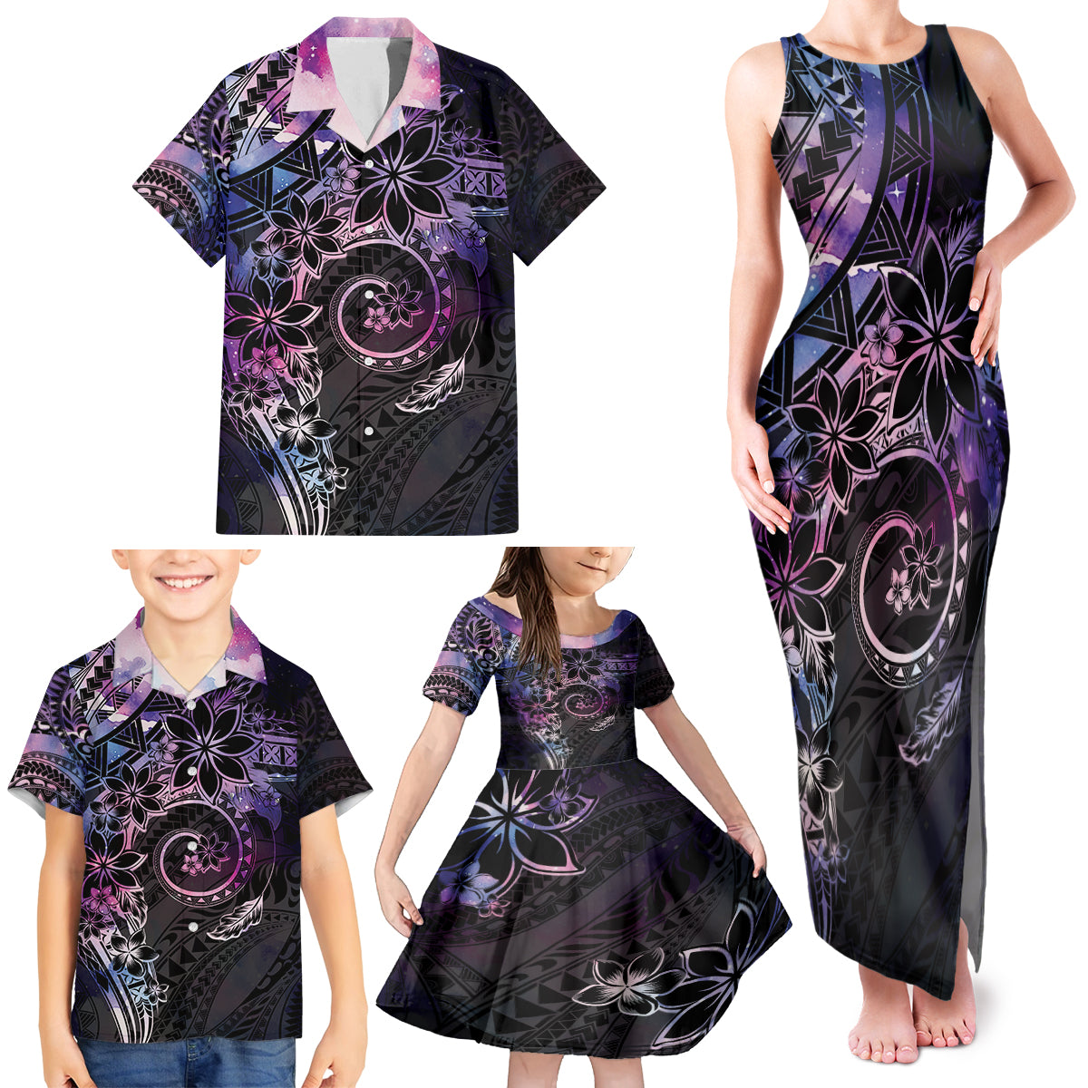 Polynesian Sunset Plumeria Family Matching Tank Maxi Dress and Hawaiian Shirt Galaxy Polynesian Tattoo