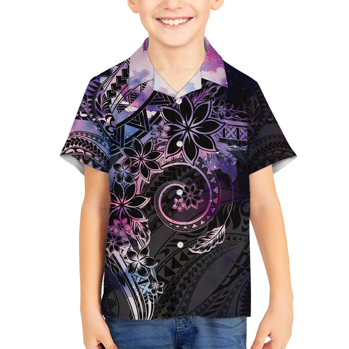 Polynesian Sunset Plumeria Kid Hawaiian Shirt Galaxy Polynesian Tattoo