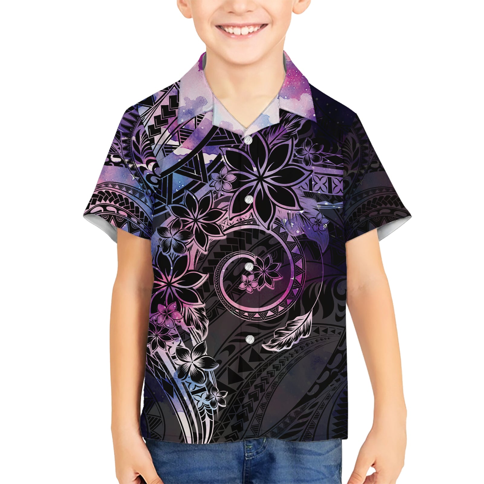 Polynesian Sunset Plumeria Kid Hawaiian Shirt Galaxy Polynesian Tattoo