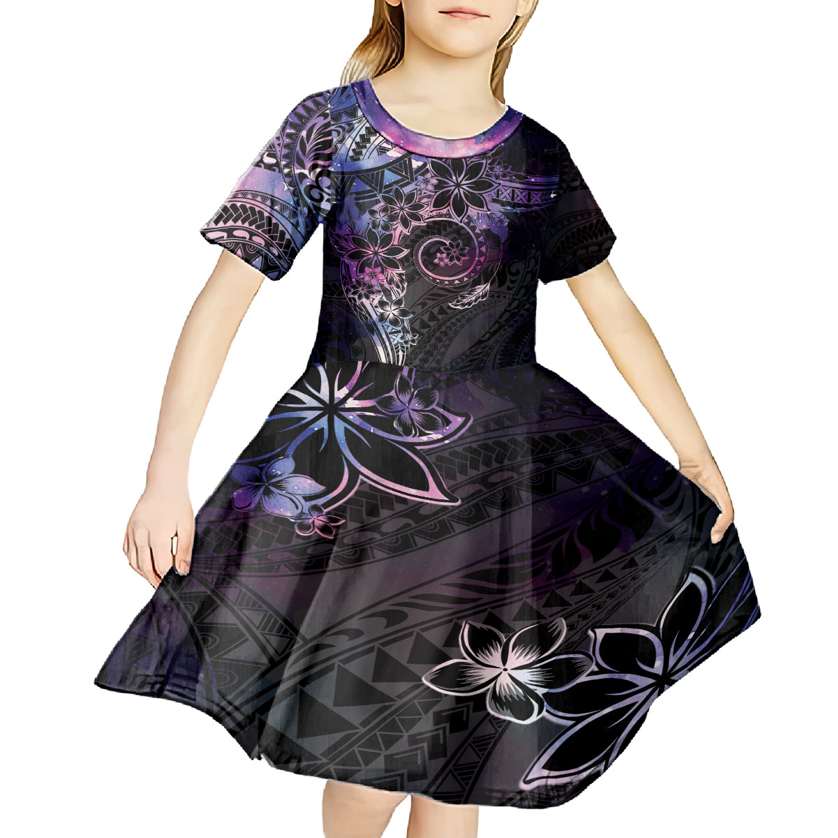 Polynesian Sunset Plumeria Kid Short Sleeve Dress Galaxy Polynesian Tattoo