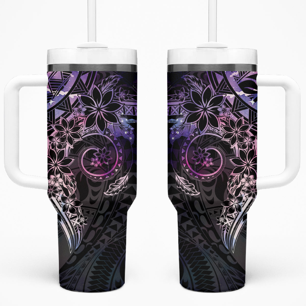 Galaxy Polynesian Pattern With Plumeria Flowers Tumbler With Handle