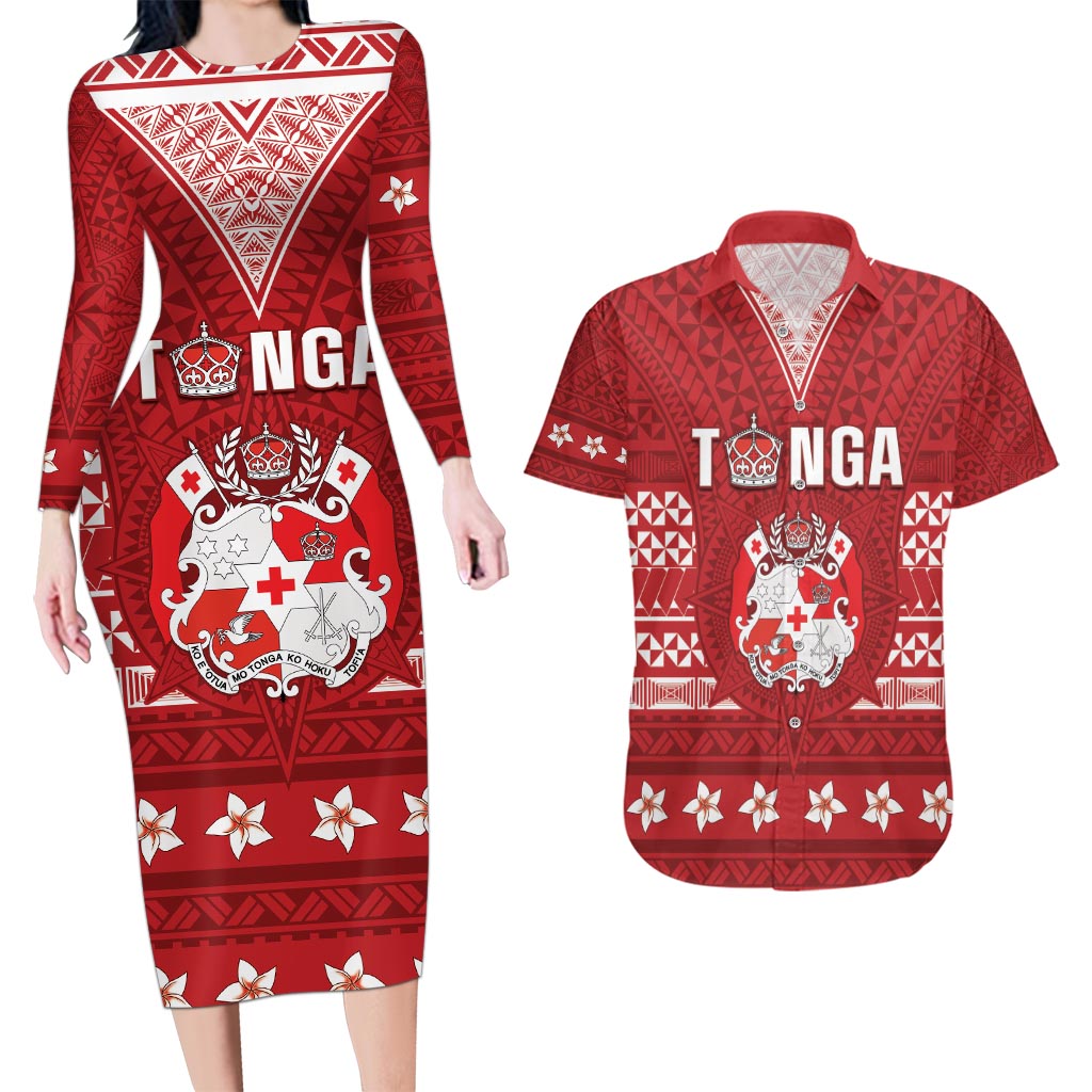 Tonga King Tupou VI Day Couples Matching Long Sleeve Bodycon Dress and Hawaiian Shirt Traditional Tongan Kupesi Pattern