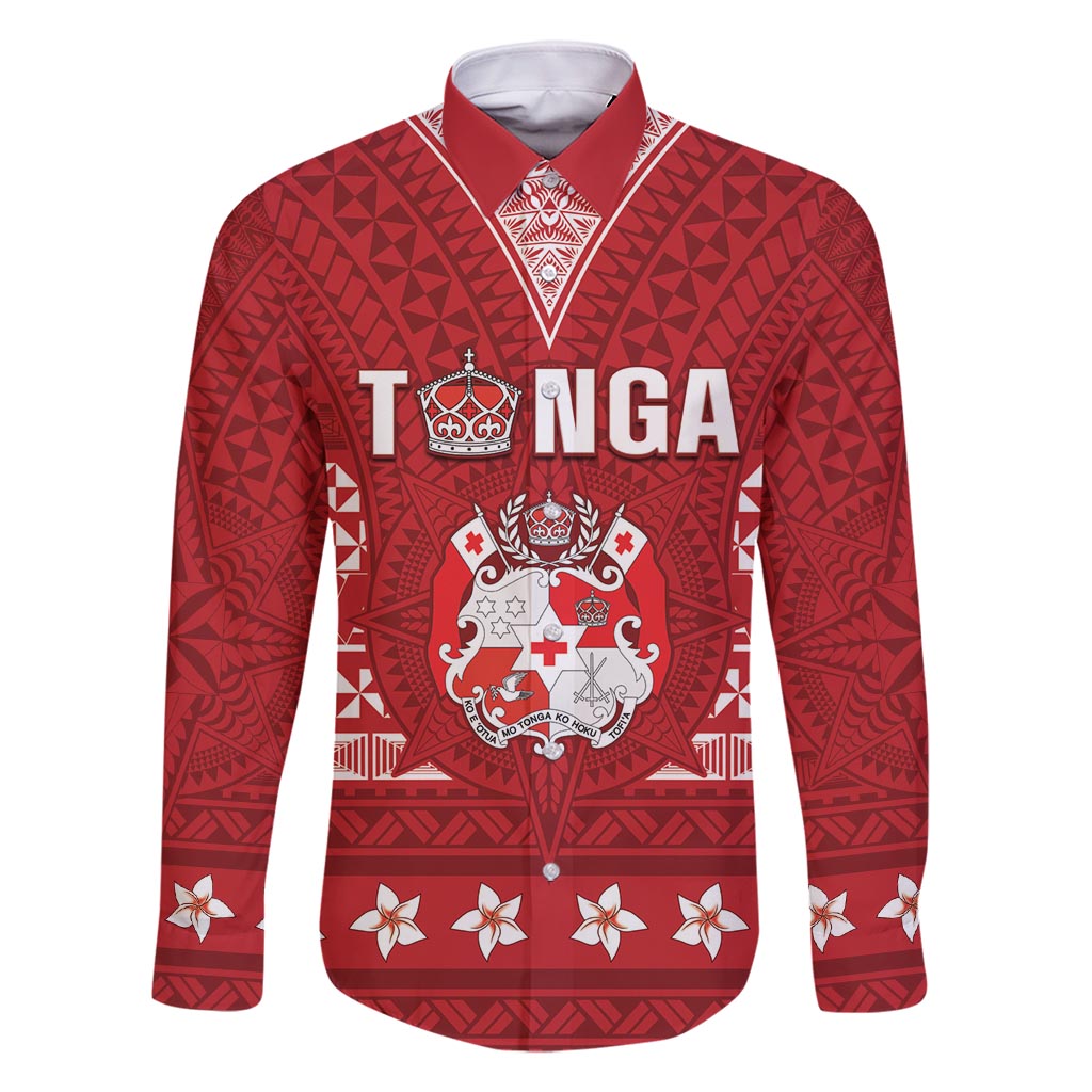Tonga King Tupou VI Day Family Matching Mermaid Dress and Hawaiian Shirt Traditional Tongan Kupesi Pattern LT05 Dad's Shirt - Long Sleeve Red - Polynesian Pride