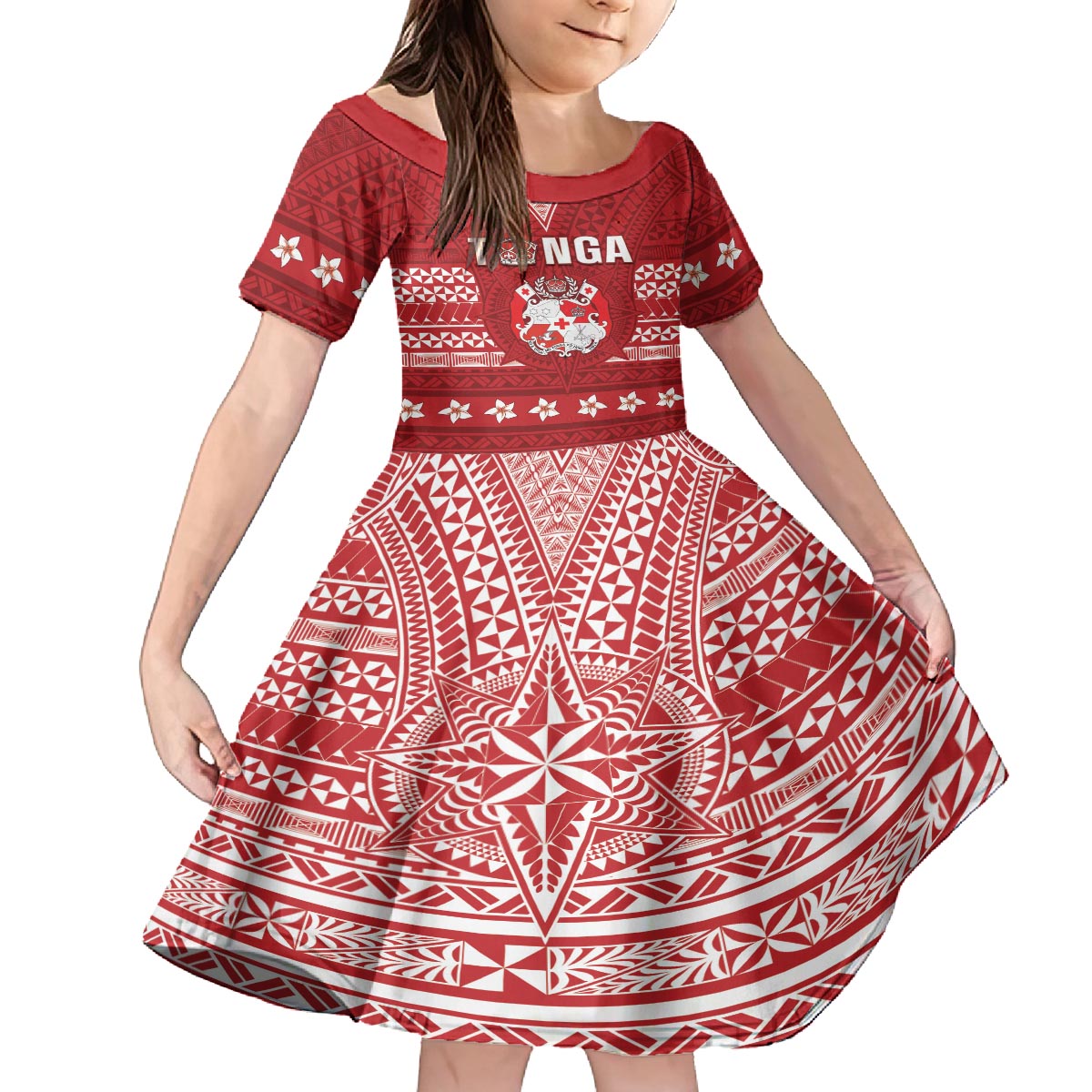 Tonga King Tupou VI Day Family Matching Puletasi and Hawaiian Shirt Traditional Tongan Kupesi Pattern LT05 Daughter's Dress Red - Polynesian Pride