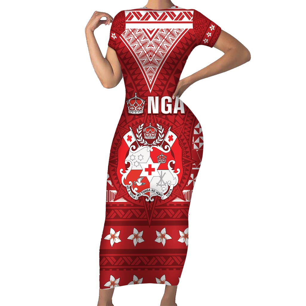 Tonga King Tupou VI Day Short Sleeve Bodycon Dress Traditional Tongan Kupesi Pattern LT05 Long Dress Red - Polynesian Pride