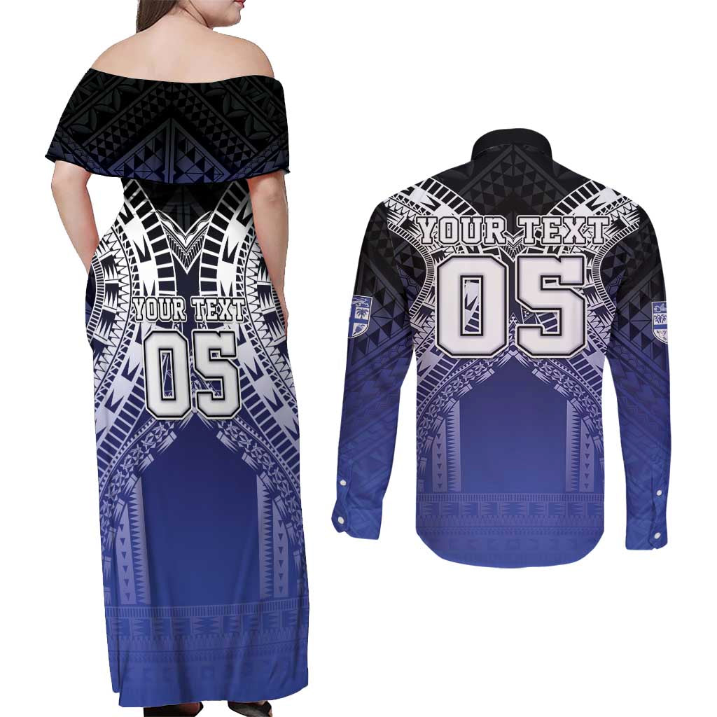 Custom Fiji Drua Couples Matching Off Shoulder Maxi Dress and Long Sleeve Button Shirt Fijian Tapa Pattern