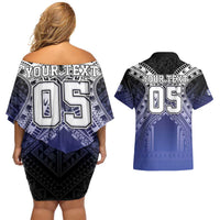 Custom Fiji Drua Couples Matching Off Shoulder Short Dress and Hawaiian Shirt Fijian Tapa Pattern