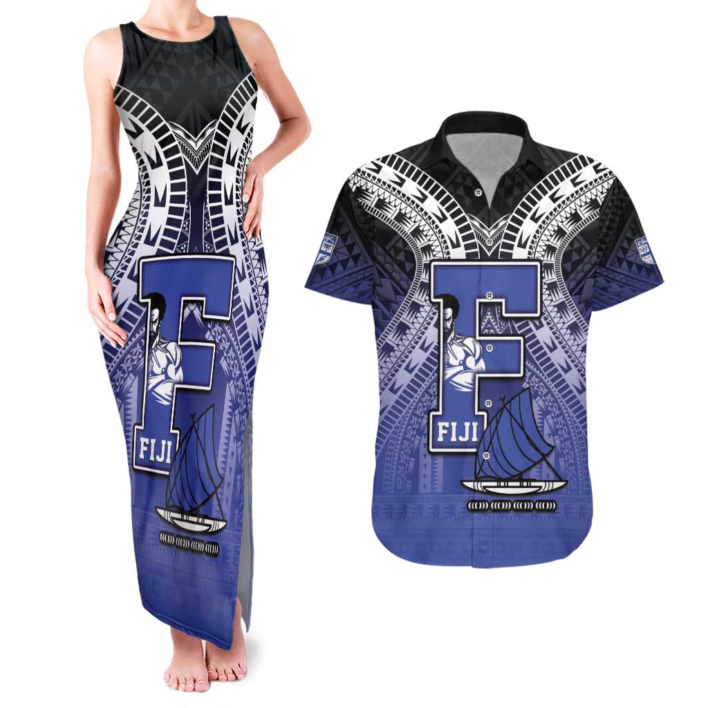 Custom Fiji Drua Couples Matching Tank Maxi Dress and Hawaiian Shirt Fijian Tapa Pattern