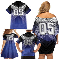 Custom Fiji Drua Family Matching Off Shoulder Short Dress and Hawaiian Shirt Fijian Tapa Pattern