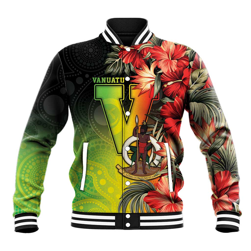 Aboriginal Dot Art Vanuatu Personalised Baseball Jacket Tropical Flowers