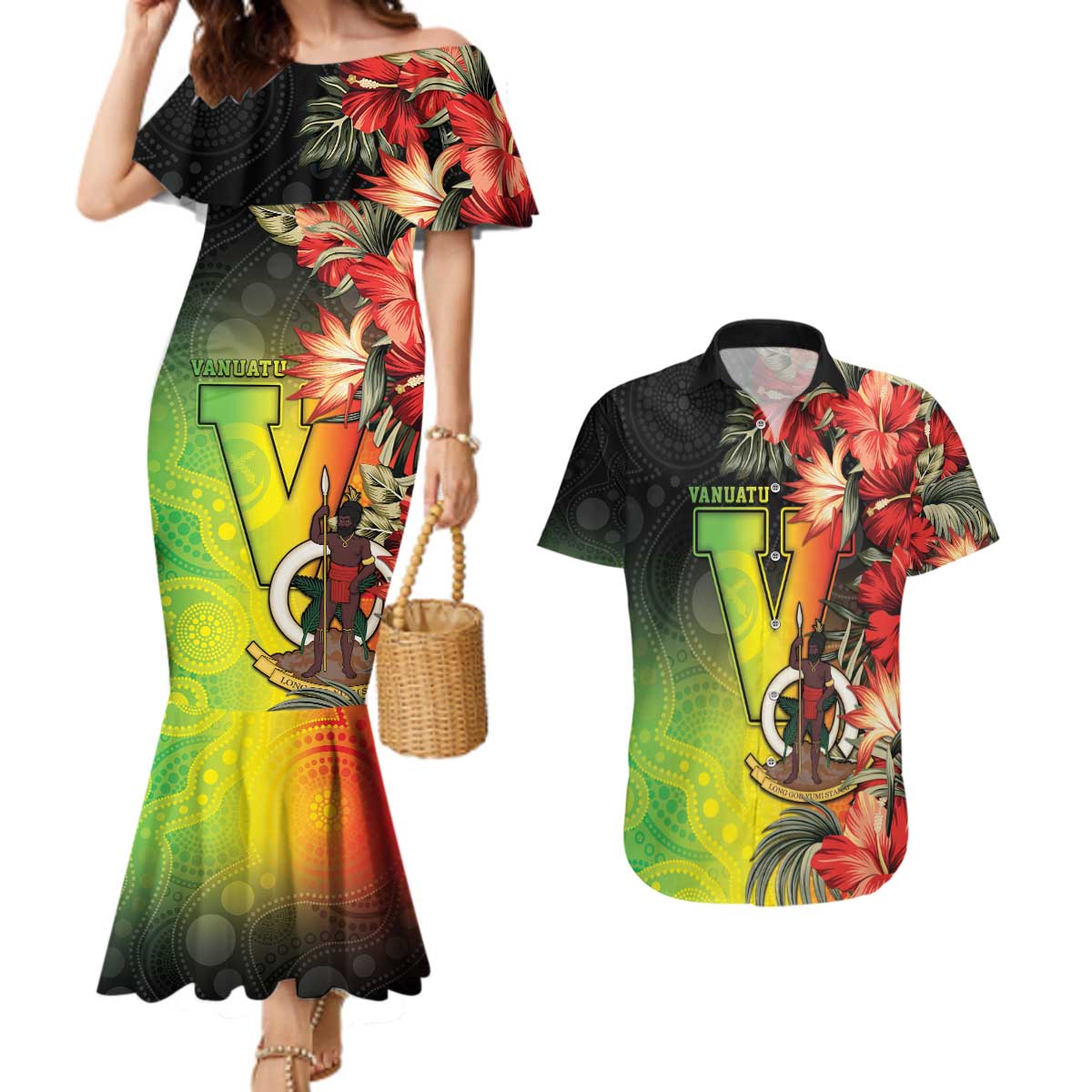 Aboriginal Dot Art Vanuatu Personalised Couples Matching Mermaid Dress and Hawaiian Shirt Tropical Flowers