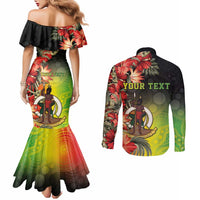 Aboriginal Dot Art Vanuatu Personalised Couples Matching Mermaid Dress and Long Sleeve Button Shirt Tropical Flowers