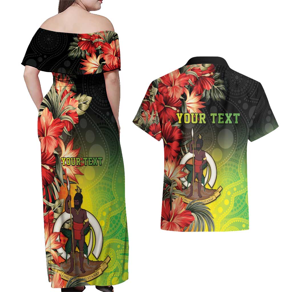 Aboriginal Dot Art Vanuatu Personalised Couples Matching Off Shoulder Maxi Dress and Hawaiian Shirt Tropical Flowers