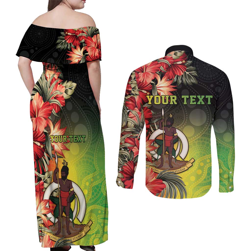 Aboriginal Dot Art Vanuatu Personalised Couples Matching Off Shoulder Maxi Dress and Long Sleeve Button Shirt Tropical Flowers