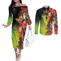 Aboriginal Dot Art Vanuatu Personalised Couples Matching Off The Shoulder Long Sleeve Dress and Long Sleeve Button Shirt Tropical Flowers