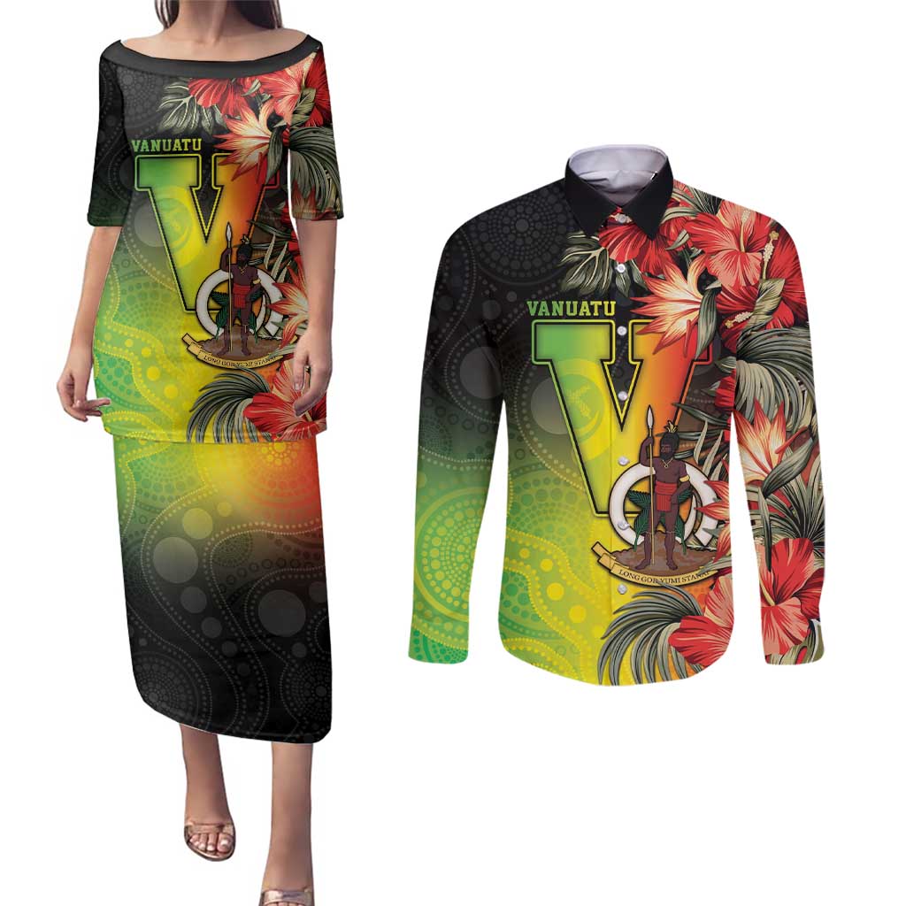 Aboriginal Dot Art Vanuatu Personalised Couples Matching Puletasi and Long Sleeve Button Shirt Tropical Flowers