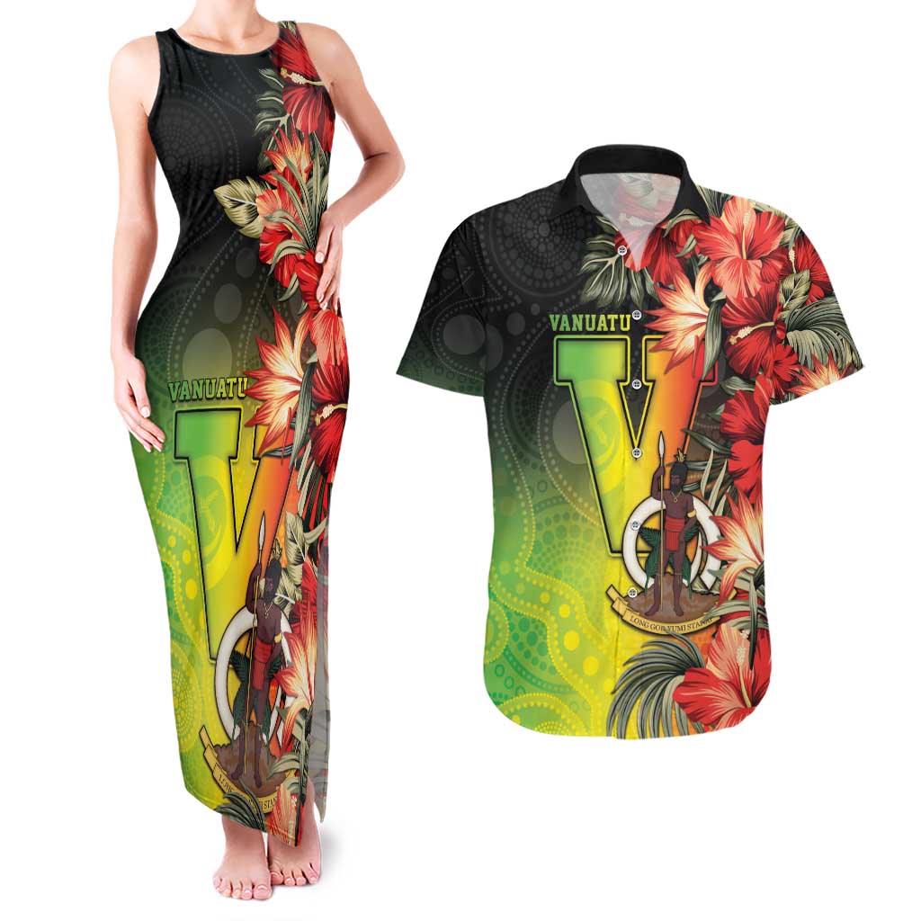 Aboriginal Dot Art Vanuatu Personalised Couples Matching Tank Maxi Dress and Hawaiian Shirt Tropical Flowers
