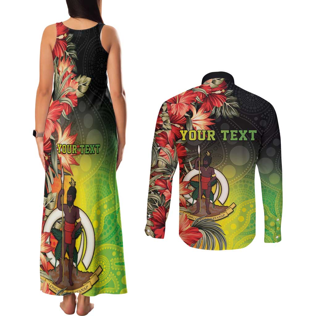 Aboriginal Dot Art Vanuatu Personalised Couples Matching Tank Maxi Dress and Long Sleeve Button Shirt Tropical Flowers