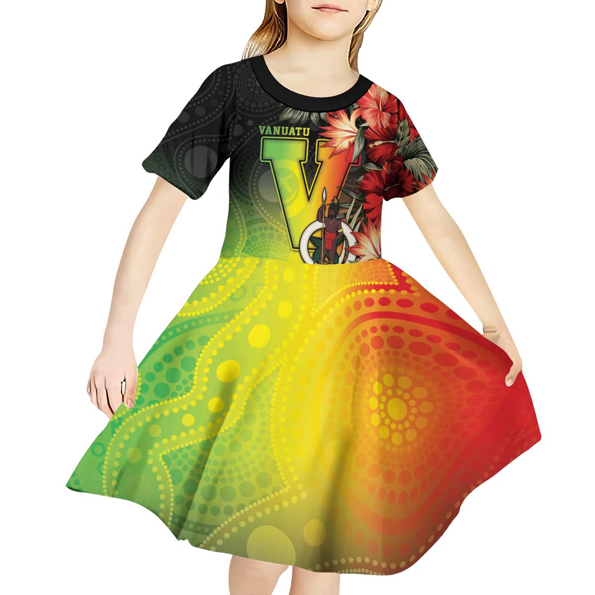 Aboriginal Dot Art Vanuatu Personalised Kid Short Sleeve Dress Tropical Flowers