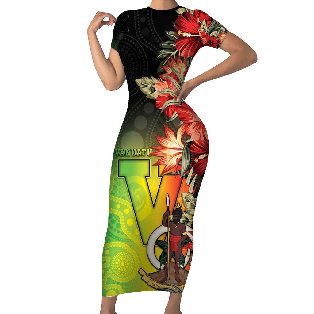 Aboriginal Dot Art Vanuatu Personalised Short Sleeve Bodycon Dress Tropical Flowers