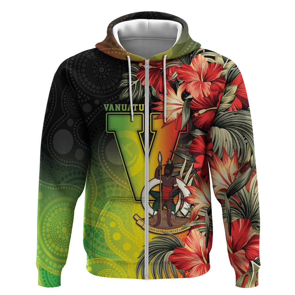 Aboriginal Dot Art Vanuatu Personalised Zip Hoodie Tropical Flowers