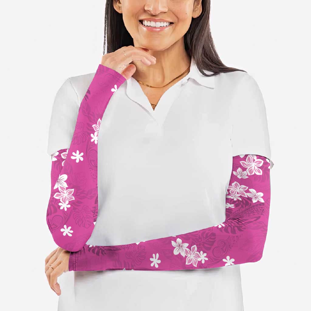 Hawaii Monstera Deliciosa Arm Sleeves Pink Plumeria Polynesian Pattern - Polynesian Pride