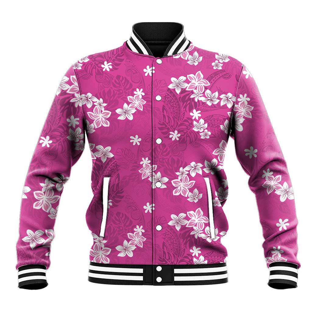 Hawaii Monstera Deliciosa Baseball Jacket Pink Plumeria Polynesian Pattern - Polynesian Pride
