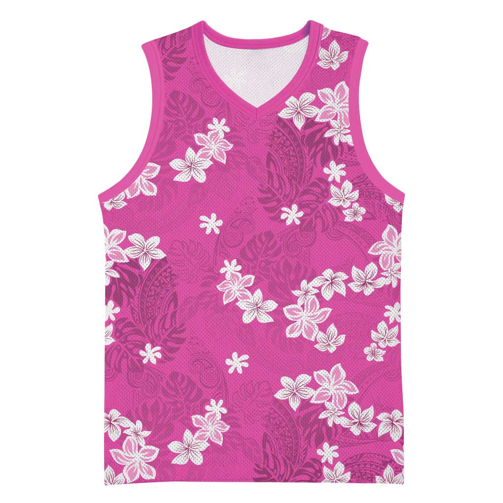 Hawaii Monstera Deliciosa Basketball Jersey Pink Plumeria Polynesian Pattern - Polynesian Pride