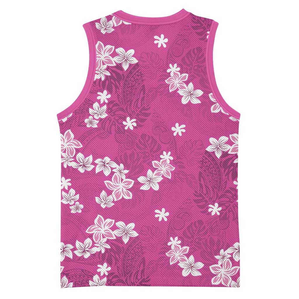 Hawaii Monstera Deliciosa Basketball Jersey Pink Plumeria Polynesian Pattern - Polynesian Pride