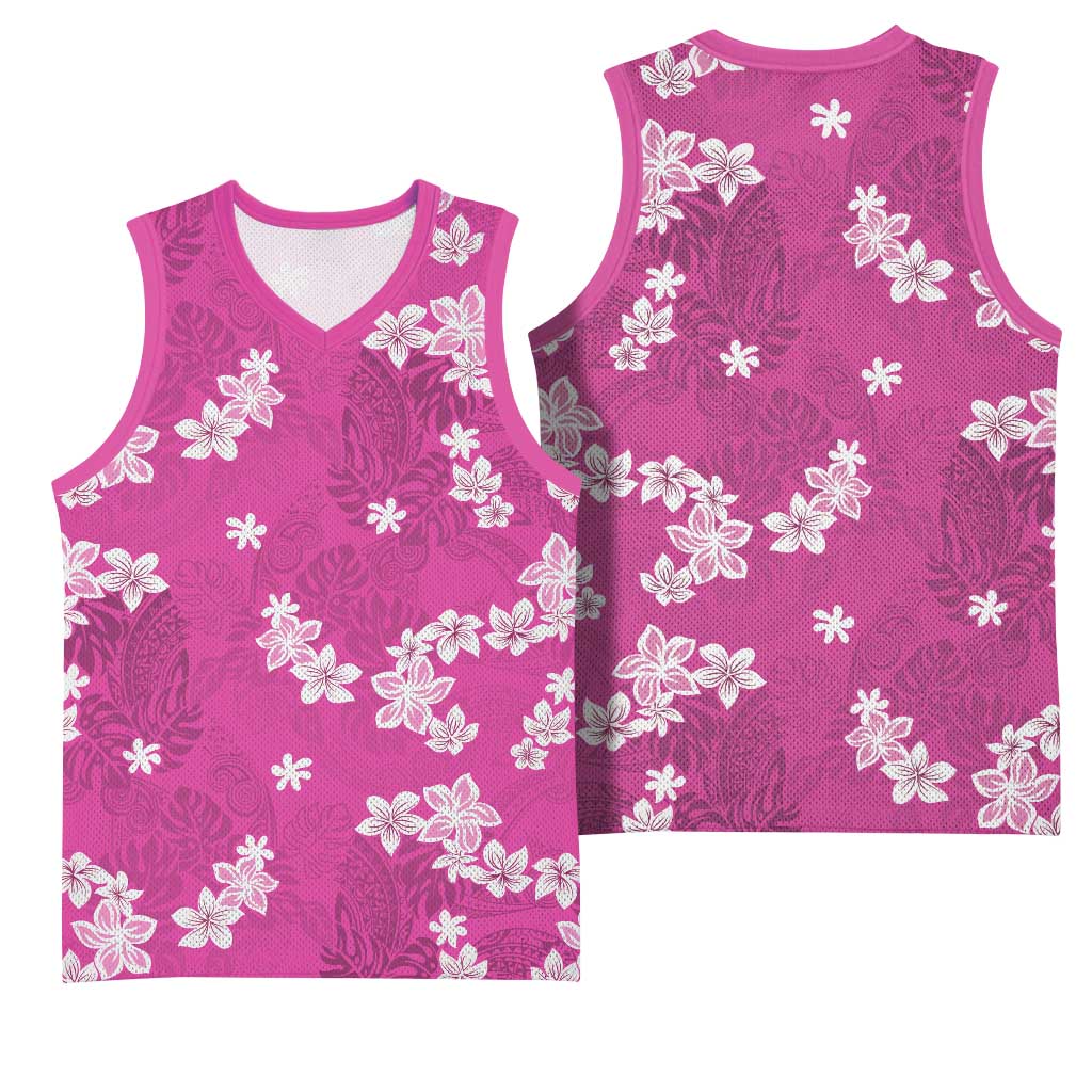 Hawaii Monstera Deliciosa Basketball Jersey Pink Plumeria Polynesian Pattern - Polynesian Pride