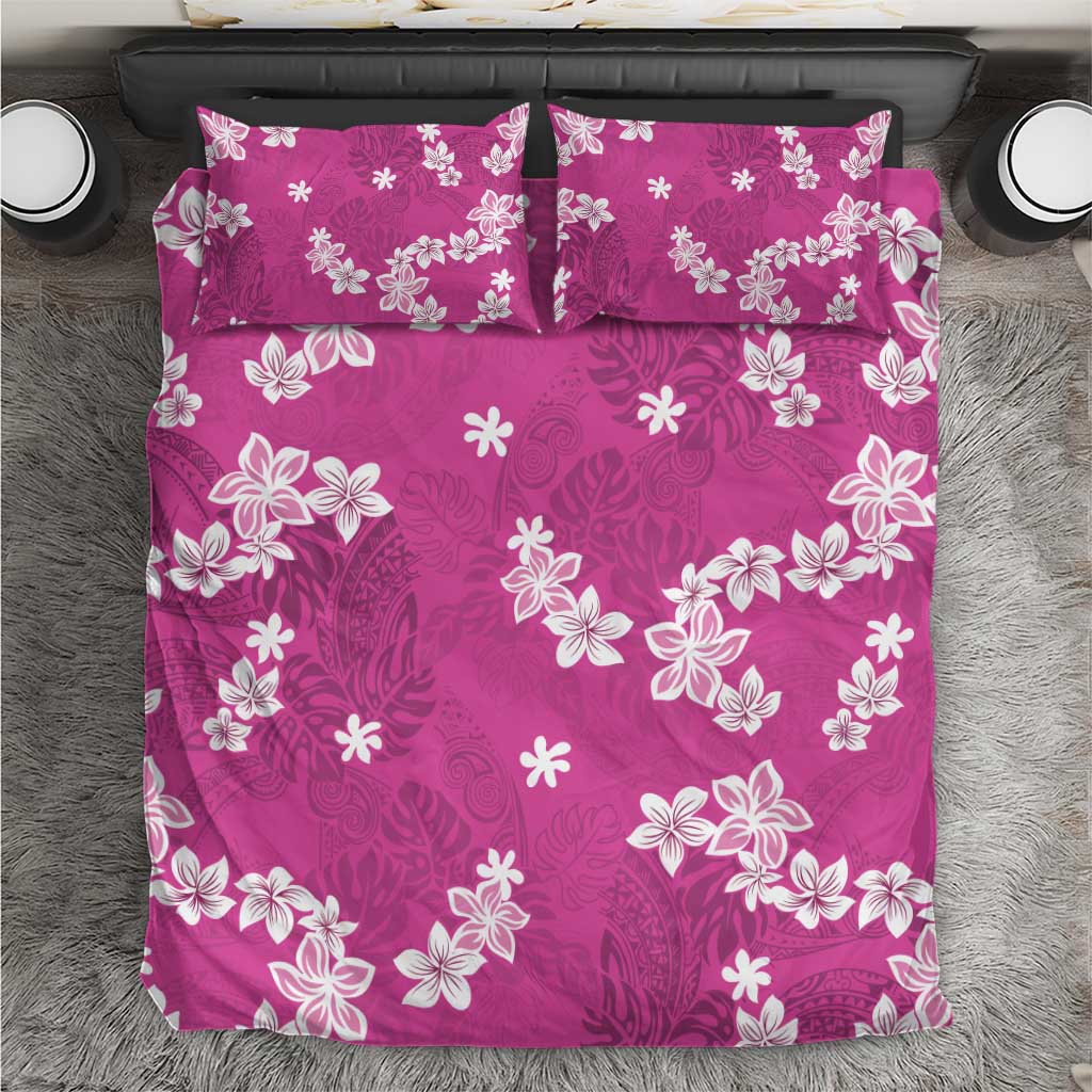 Hawaii Monstera Deliciosa Bedding Set Pink Plumeria Polynesian Pattern - Polynesian Pride