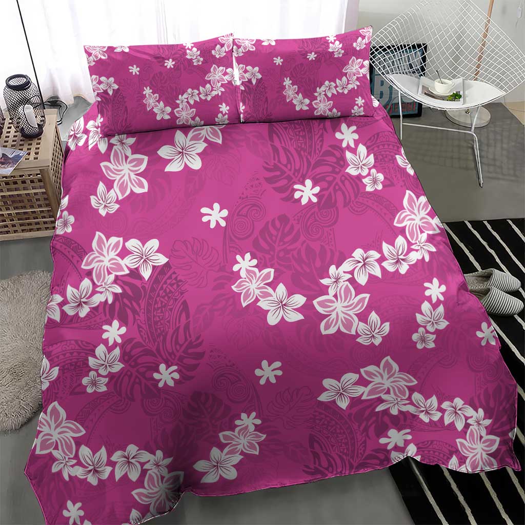Hawaii Monstera Deliciosa Bedding Set Pink Plumeria Polynesian Pattern - Polynesian Pride