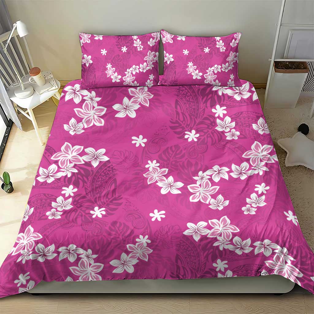 Hawaii Monstera Deliciosa Bedding Set Pink Plumeria Polynesian Pattern - Polynesian Pride