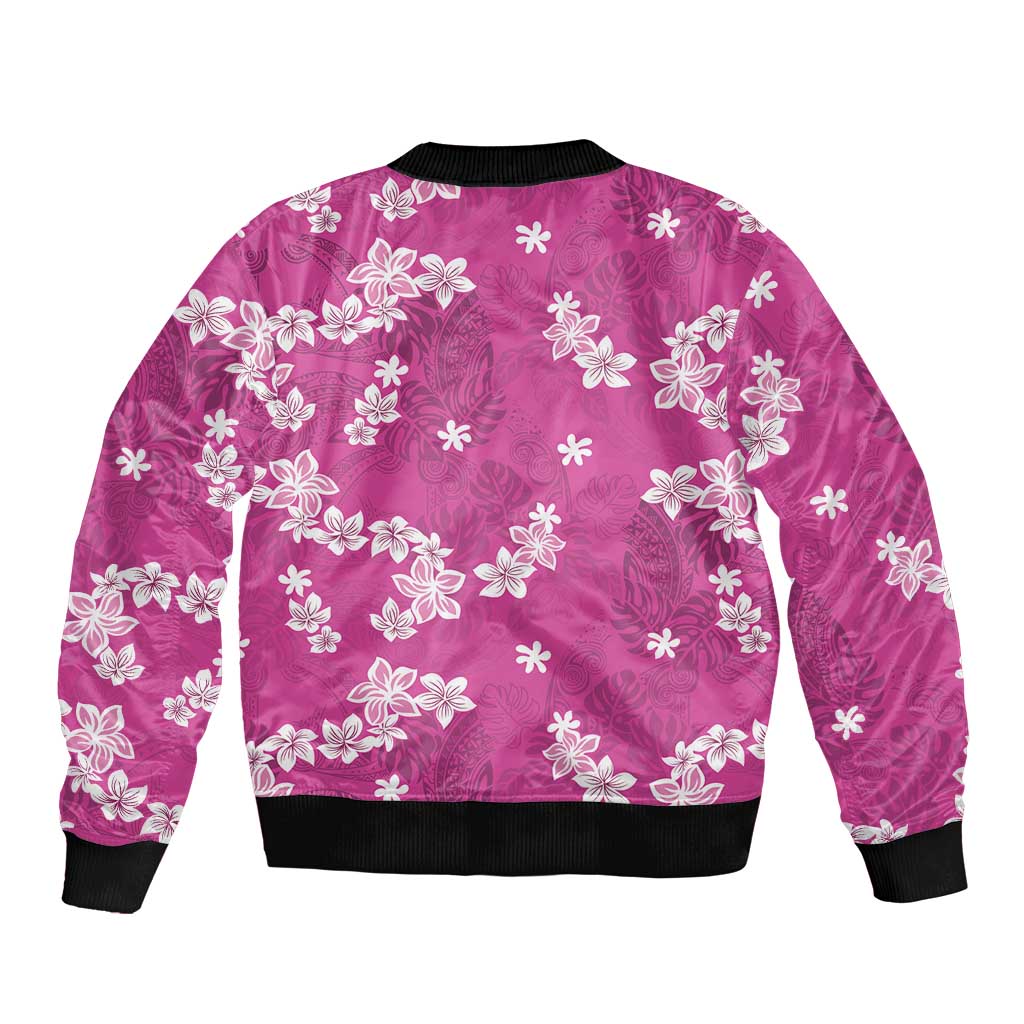Hawaii Monstera Deliciosa Bomber Jacket Pink Plumeria Polynesian Pattern - Polynesian Pride