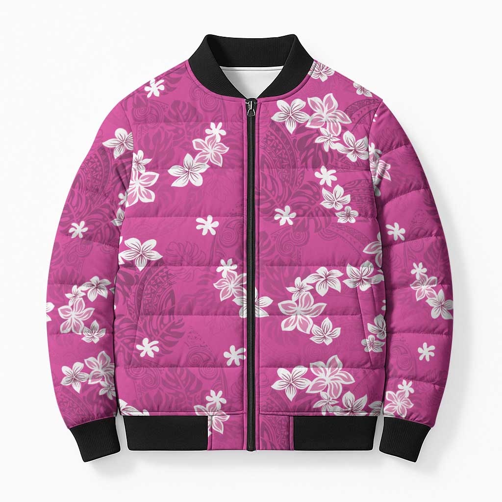 Hawaii Monstera Deliciosa Bomber Puffer Jacket Pink Plumeria Polynesian Pattern - Polynesian Pride
