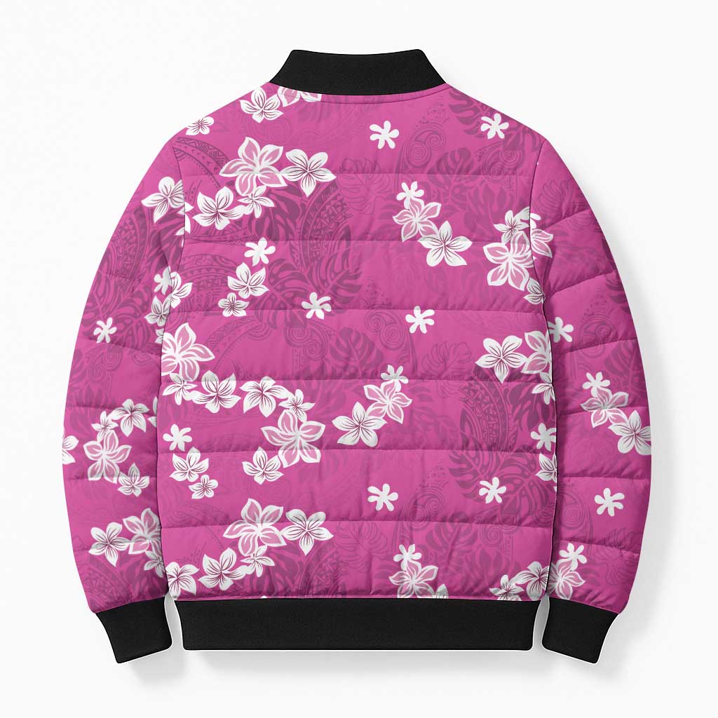 Hawaii Monstera Deliciosa Bomber Puffer Jacket Pink Plumeria Polynesian Pattern - Polynesian Pride