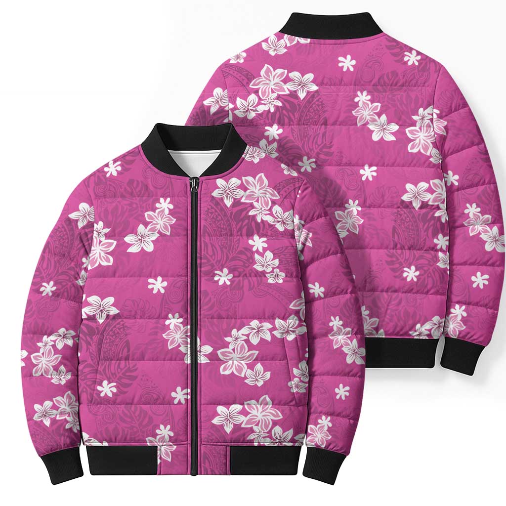 Hawaii Monstera Deliciosa Bomber Puffer Jacket Pink Plumeria Polynesian Pattern - Polynesian Pride