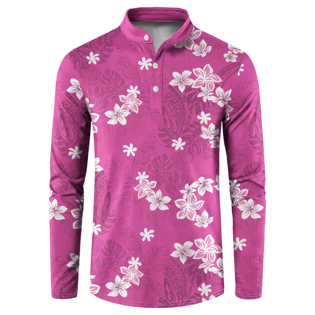 Hawaii Monstera Deliciosa Button Sweatshirt Pink Plumeria Polynesian Pattern - Polynesian Pride