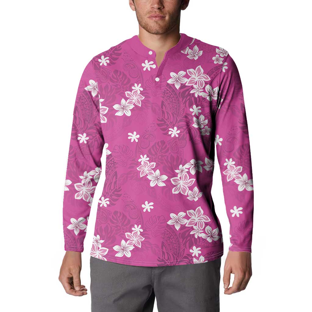 Hawaii Monstera Deliciosa Button Sweatshirt Pink Plumeria Polynesian Pattern - Polynesian Pride