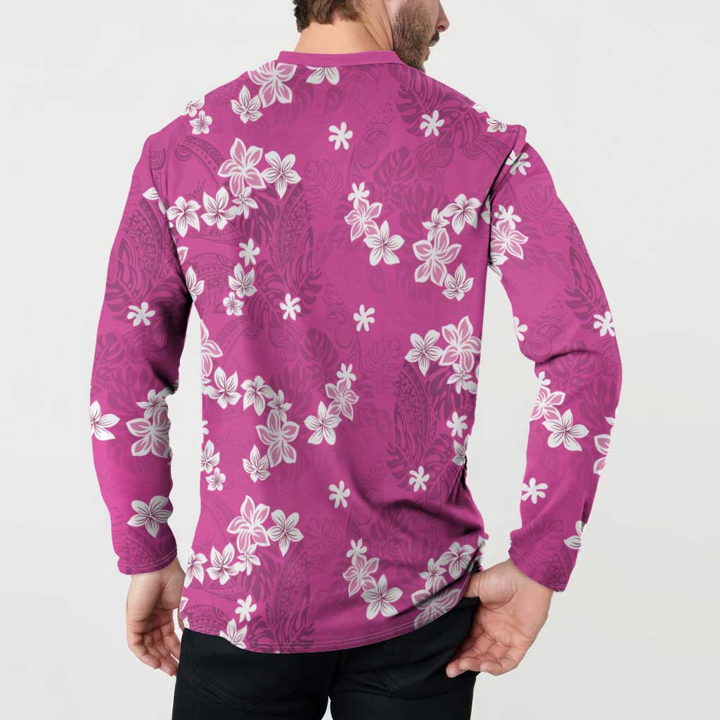 Hawaii Monstera Deliciosa Button Sweatshirt Pink Plumeria Polynesian Pattern - Polynesian Pride
