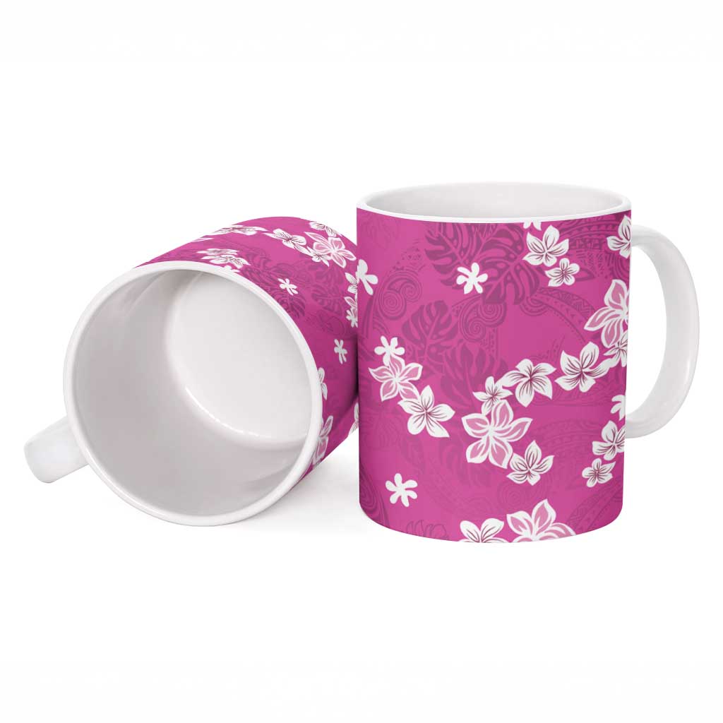 Hawaii Monstera Deliciosa Ceramic Mug Pink Plumeria Polynesian Pattern - Polynesian Pride